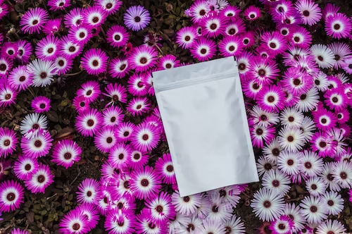 A photo showing a white pouch resting on a bed of flowers.