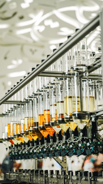 A packaging production line filling bottles.