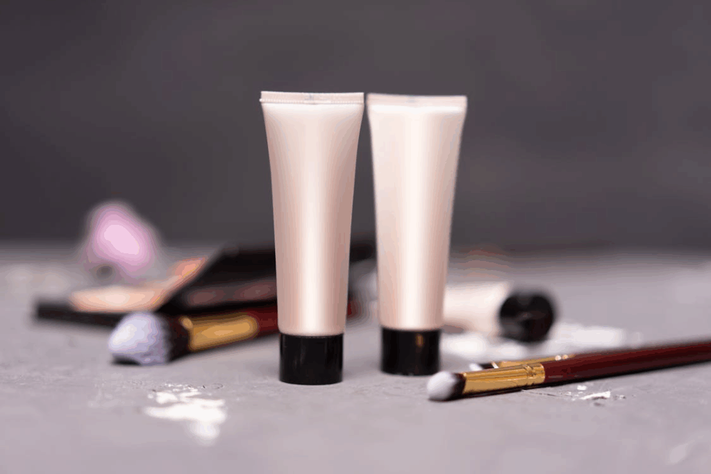 Two lilac colored tubes placed on a grey platform.